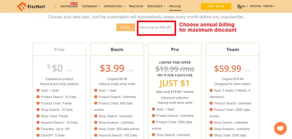 EtsyHunt- Choose your billing cycle