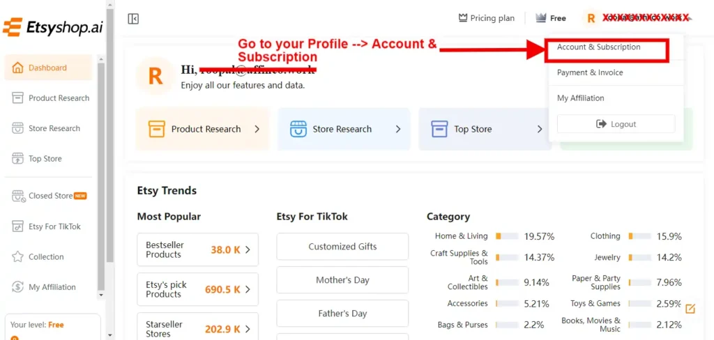 Etsyshop.ai dashboard- Account and Subscription